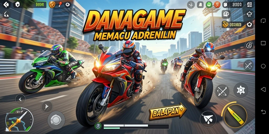 Screenshot gameplay DANAGAME yang menunjukkan aksi balapan motor yang intens.
