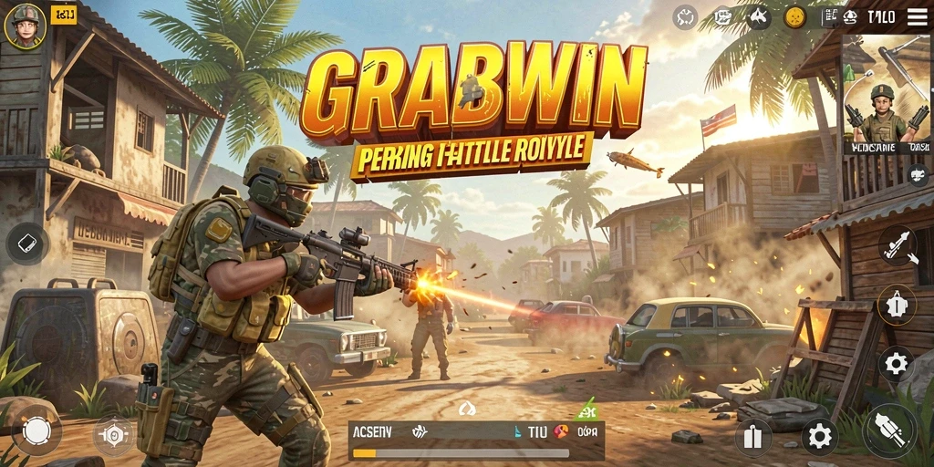 Tangkapan layar gameplay GRABWIN dengan aksi pertempuran seru Battle Royale.