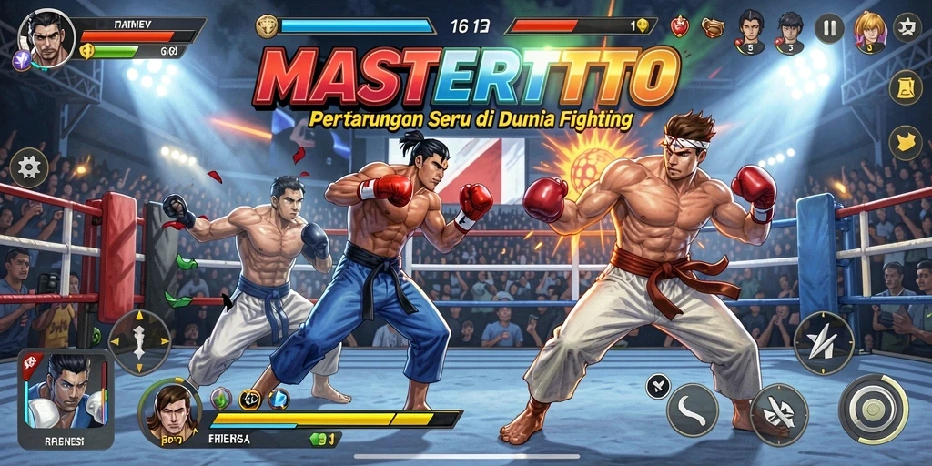 Screenshot utama MASTERTOTO menampilkan pertarungan epik dan karakter yang berani.