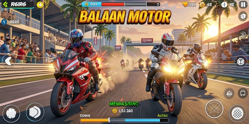 Screenshot gameplay R6R6 menampilkan balapan motor yang seru dan menegangkan.