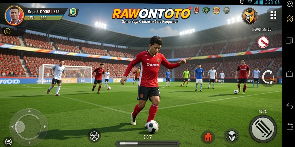 Tampilan gameplay yang mendebarkan dari RAWONTOTO dengan aksi sepak bola intens.