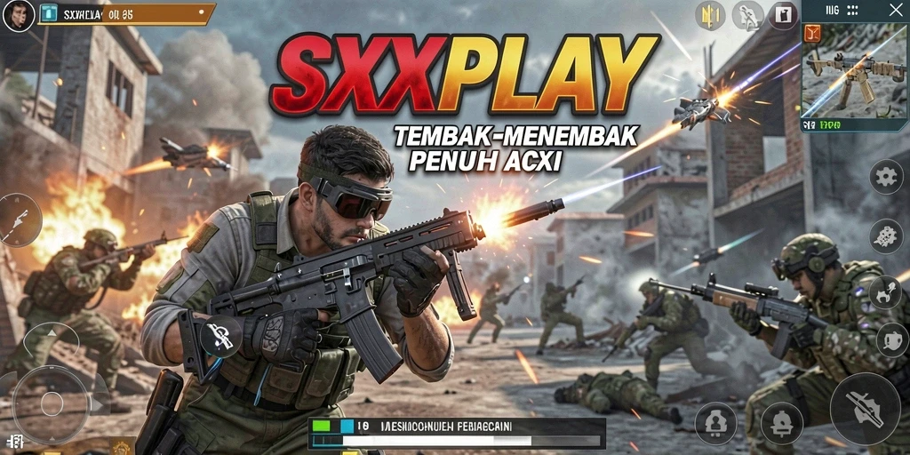 Screenshot SXXPLAY menampilkan karakter dalam pertempuran intens di lokasi urban.