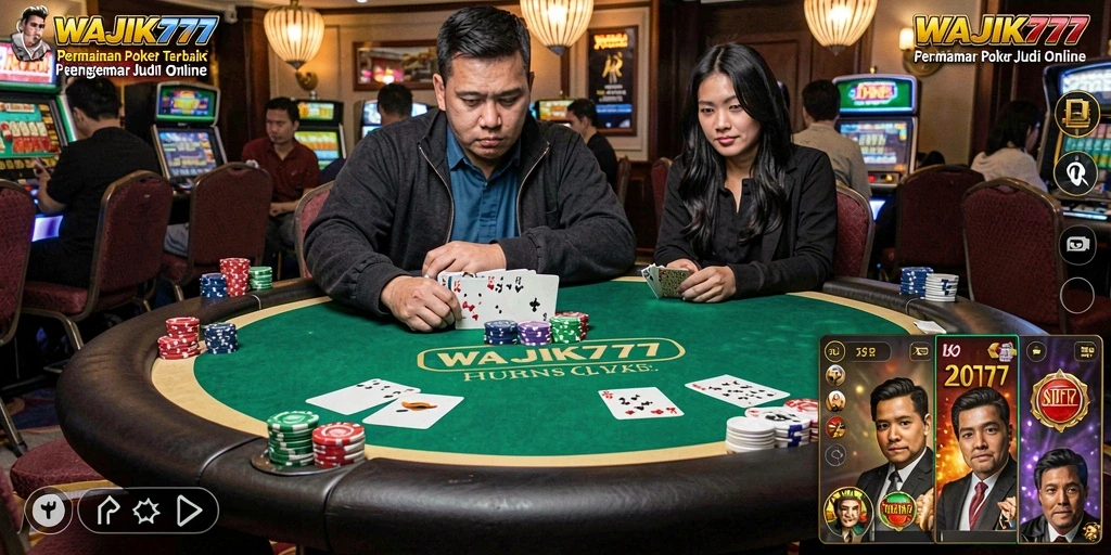 Screenshot gameplay WAJIK777 menunjukkan aksi poker yang mendebarkan.