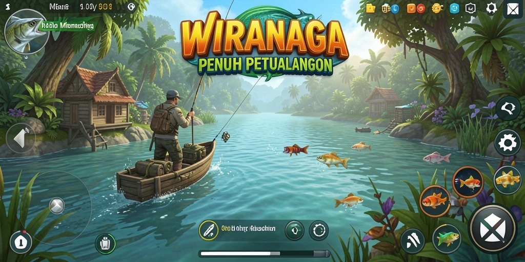 Screenshot gameplay WIRANAGA menunjukkan aksi memancing yang seru.